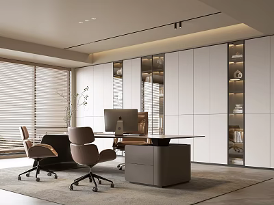 Modern Office Interior Design With Desk Computer Chairs Bookshelves Blinds And Plants 3d model