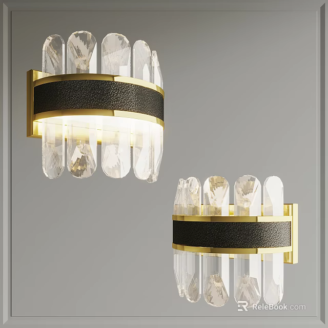Modern Elegant Wall Lamps With Crystal Decorations Gold Frame And Black Leather Accent 3d model 