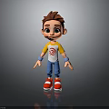 3D Cartoon Child Character Standing In Yellow White Shirt Blue Pants And Red Shoes