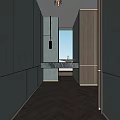 Modern Hotel Corridor Interior Design With Gray Walls Wooden Panels And Pendant Light