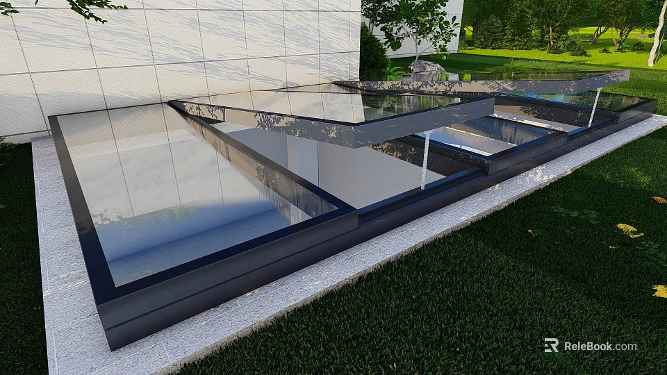 Modern Detached Villa With Glass Roof Gray Walls And Green Lawn Exterior Design 3d model 