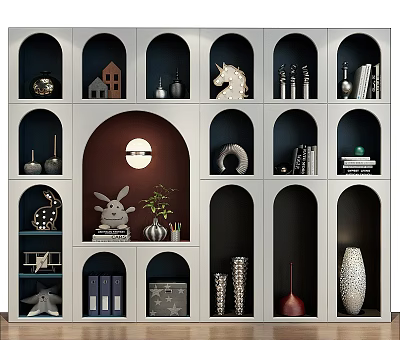 Modern Decorative Bookcase With Various Shelf Decorations Rabbit Figurine Plant Vases Books And Sculptures 3d model