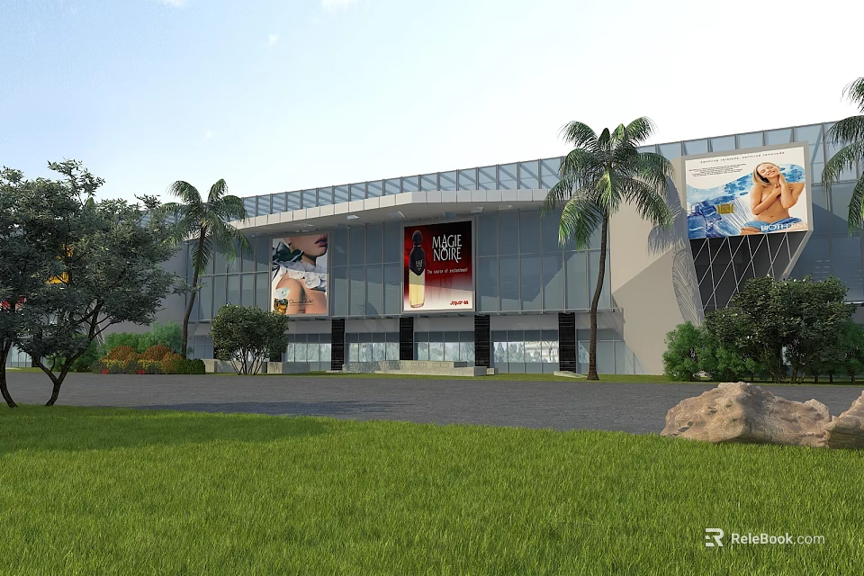 Modern Entrance Gate of Commercial Building with Glass Facade Palm Trees and Billboards in Landscaped Area 3d model 