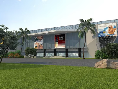 Modern Entrance Gate of Commercial Building with Glass Facade Palm Trees and Billboards in Landscaped Area 3d model