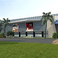 Modern Entrance Gate of Commercial Building with Glass Facade Palm Trees and Billboards in Landscaped Area