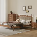 Wooden Double Bed With Woven Headboard Nightstand Dresser And Wall Art