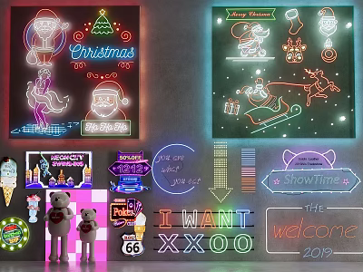 Neon Christmas Decorative Lights with Santa Reindeer Gifts Welcome Ice Cream Bear for Home Decoration 3d model