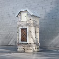 Commercial Stone Structure Equipment with Small Roof and Wooden Door Against Gray Wall Background