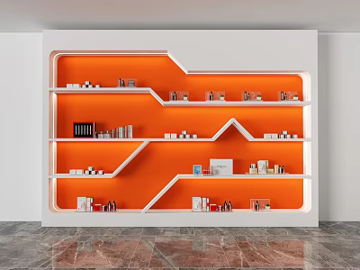 White Display Shelf With Orange Background Multiple Layers And Small Items On Marble Texture Floor 3d model