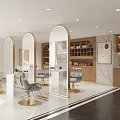 Modern Beauty Salon Interior With Arched Mirrors Gray Chairs Gold Bases And Product Shelves