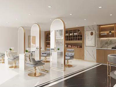 Modern Beauty Salon Interior With Arched Mirrors Gray Chairs Gold Bases And Product Shelves 3d model
