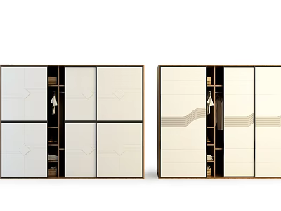Modern Wardrobe Design With Sliding Doors White And Beige Geometric Patterns Shelves And Hanging Areas 3d model