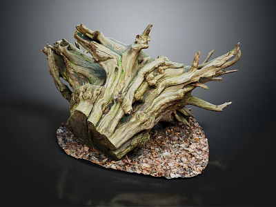 Lush Green Plants Growing On Weathered Driftwood With Natural Gravel Base 3d model
