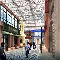 Vibrant Commercial Street with Red Brick Buildings Arched Windows Store Signs and Pedestrians Walking