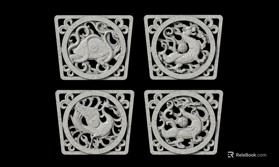 Traditional Carved Architectural Components With Square Openwork And Animal Motifs 3d model 