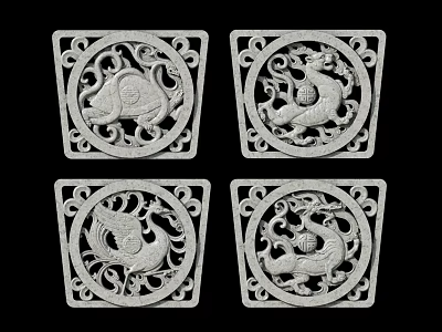 Traditional Carved Architectural Components With Square Openwork And Animal Motifs 3d model
