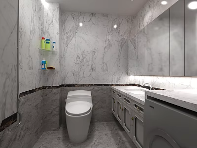 Modern Full Marble Tiled Bathroom With Double Sink Vanity And Smart Toilet Interior Design 3d model
