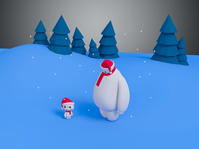 Snowman And Small Robot In Winter Snowy Forest With Pine Trees 3d model