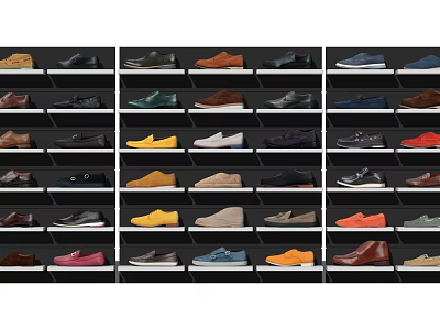 Display Shelves for Showcasing Neatly Arranged Shoes with Various Styles and Colors 3d model