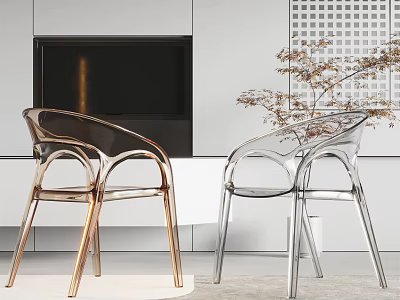 Stylish Transparent Acrylic Leisure Chairs In Modern Living Room With TV And Plant 3d model