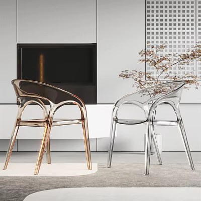 Stylish Transparent Acrylic Leisure Chairs In Modern Living Room With TV And Plant 3d model