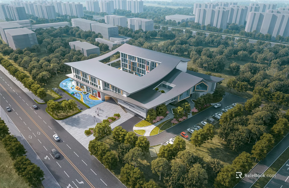 Modern School Building With Lush Greenery And Outdoor Playground Area Design 3d model 