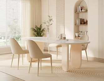 Modern Cream Style Dining Table and Chair Combination Fabric Backrest Chair Book Ornaments Potted Plant Decorative Painting Carpet 3d model