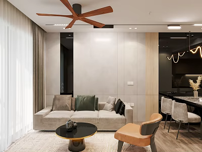 Modern Living Dining Room Open Layout With Sofa Coffee Table Dining Table Chairs Ceiling Fan 3d model