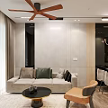 Modern Living Dining Room Open Layout With Sofa Coffee Table Dining Table Chairs Ceiling Fan