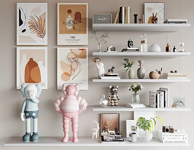 Decorative Ornament Combination Featuring Wall Art Prints Colorful Figurines With Books Vases Plants On Shelves 3d model
