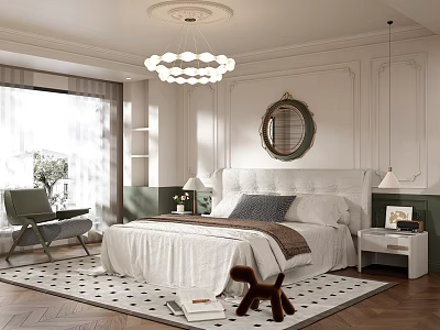 Elegant Modern Bedroom Interior With White Bed Round Mirror Chandelier Area Rug And Accent Chair 3d model