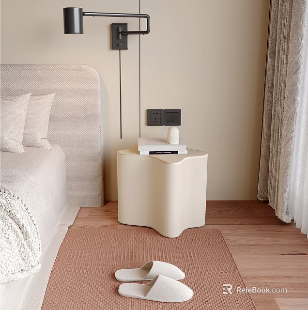 Modern Beige Bedside Table With Books And Decor On Wooden Floor In Bedroom 3d model 