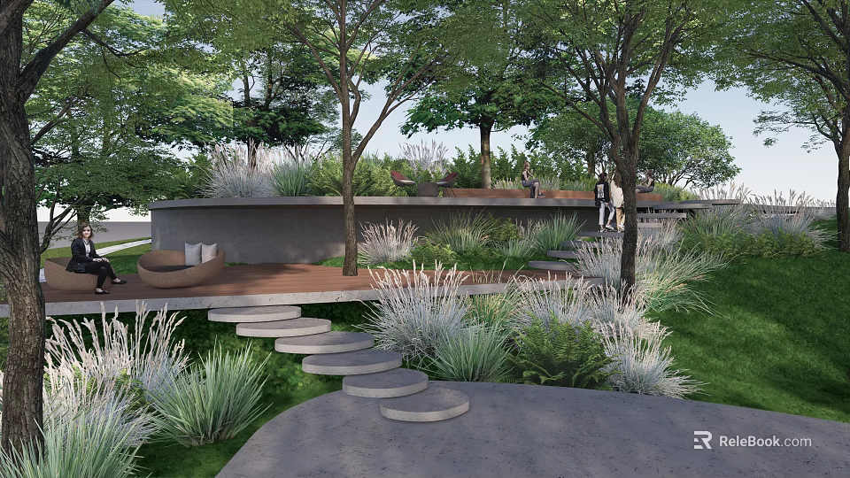 Scenic Park Landscape With Lush Trees Wooden Deck Stone Steps And Green Grass 3d model 