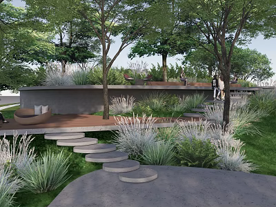 Scenic Park Landscape With Lush Trees Wooden Deck Stone Steps And Green Grass 3d model
