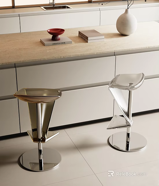Sleek Modern Bar Stools With Metallic Base And Contemporary Design In Kitchen Bar Area 3d model 