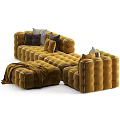 Mustard Tufted Velvet Sectional Sofa With Plush Pillows And Cozy Throw Blanket