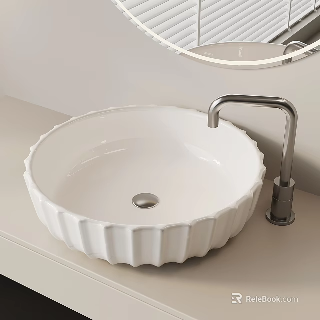 Elegant White Scalloped Washbasin With Silver Faucet And Round Mirror On Bathroom Countertop 3d model 