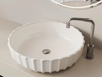 Elegant White Scalloped Washbasin With Silver Faucet And Round Mirror On Bathroom Countertop 3d model