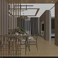 Modern Living and Dining Room Interior With Wooden Furniture Chandelier Round Mirror And Green Plants