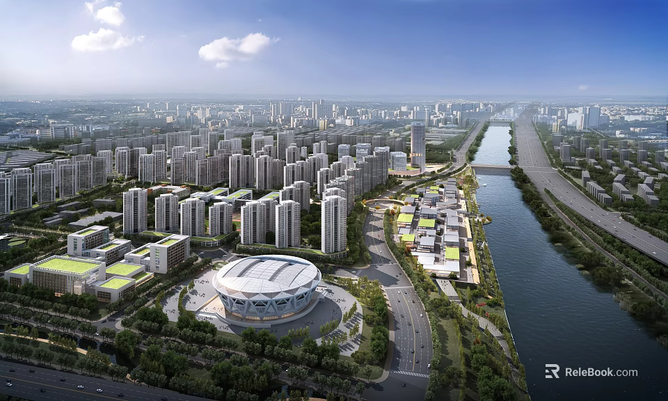 Aerial Planning of Modern Urban Area with High Rise Buildings River Roads and Green Spaces 3d model 