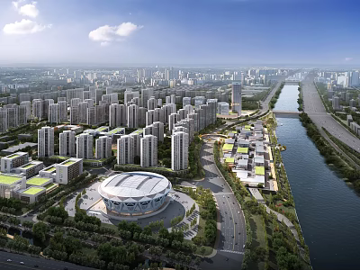 Aerial Planning of Modern Urban Area with High Rise Buildings River Roads and Green Spaces 3d model