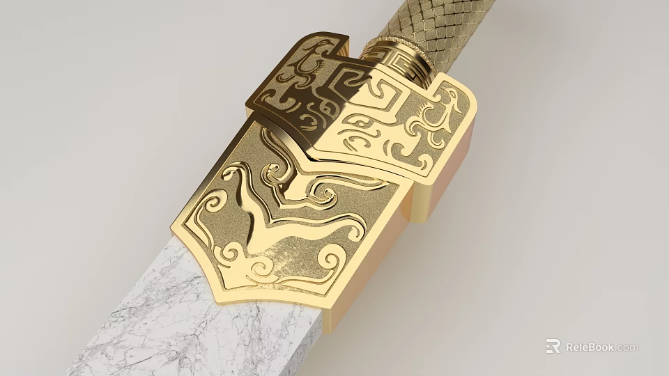Golden Sculpture Carving With Intricate Cloud And Geometric Metal Patterns 3d model 