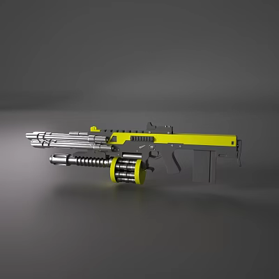 Yellow And Silver Gatling Style Machine Gun With Multiple Barrels Drum Magazine And Gun Body 3d model