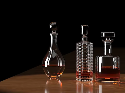 Various Shaped Wine Bottles With Colored Liquids On Wooden Tabletop Against Black Background 3d model