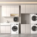 Modern Laundry Room Interior With White Cabinets Washing Machines And Sink