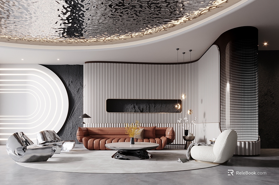 Modern Luxury Clubhouse Interior With Stylish Furniture And Ceiling 3d model 