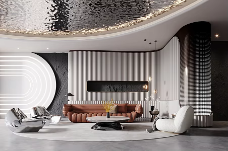 Beauty salon club leisure area sofa coffee table single chair wave point pillar corrugated stainless steel 3d model