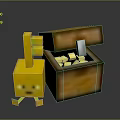 Minecraft Style Yellow Character Next To Open Treasure Chest With Gold Blocks