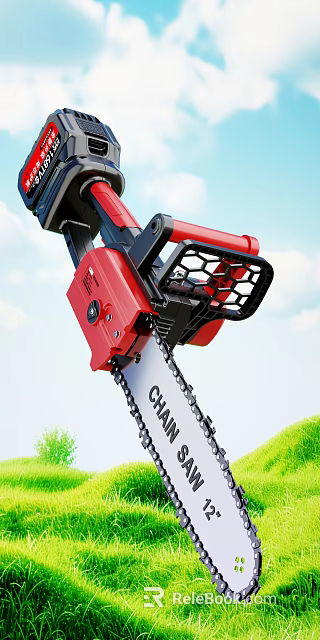Powerful Red Black Chainsaw With Sharp Chain In Blue Sky Green Grass 3d model