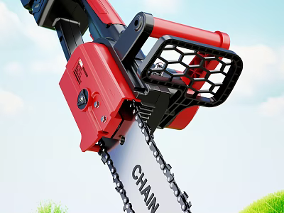 Powerful Red Black Chainsaw With Sharp Chain In Blue Sky Green Grass 3d model